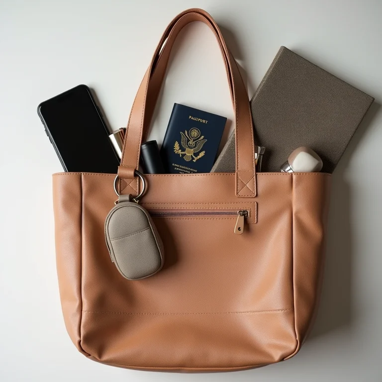 Itens pessoais organizados dentro de uma bolsa tote.