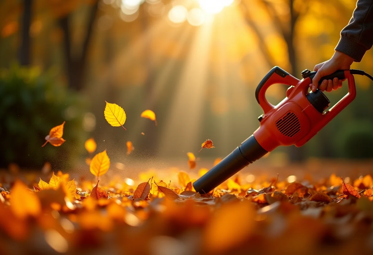 Jardim ensolarado com folhas de outono sendo sopradas por um soprador elétrico