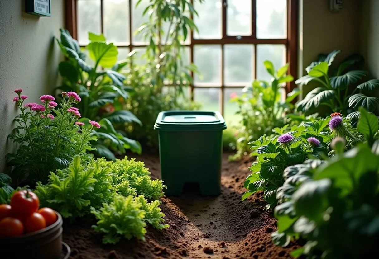 Jardim interno exuberante com composteira