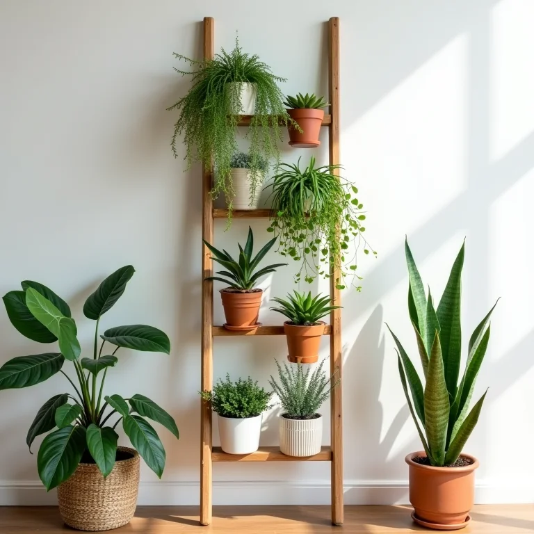 Jardim vertical criado em uma escada de madeira