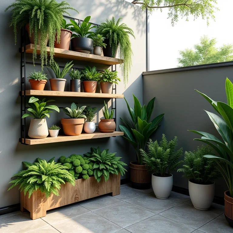 Jardim vertical e prateleiras criativas em quintal.