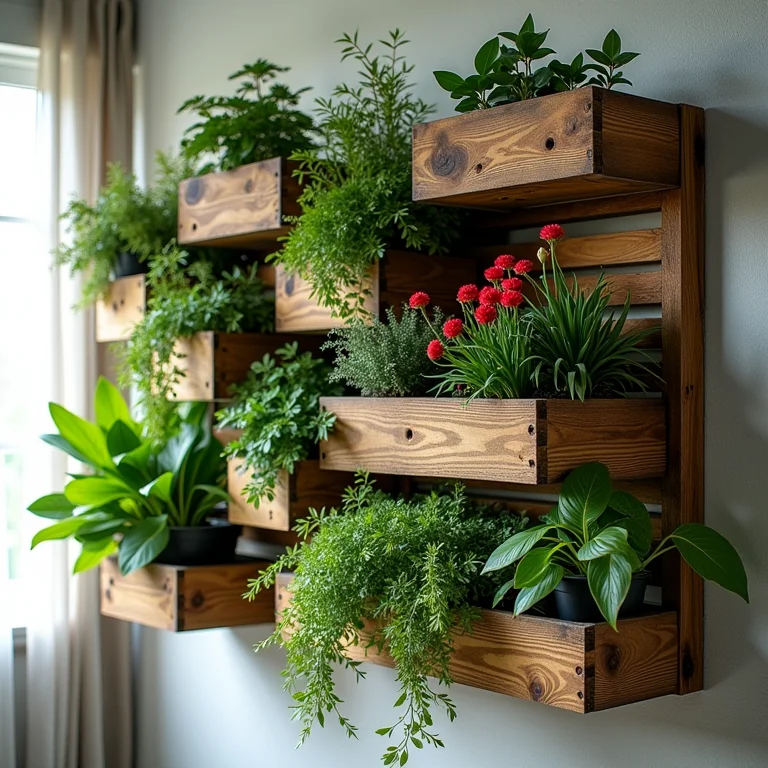 Jardim vertical suspenso feito com caixotes de madeira