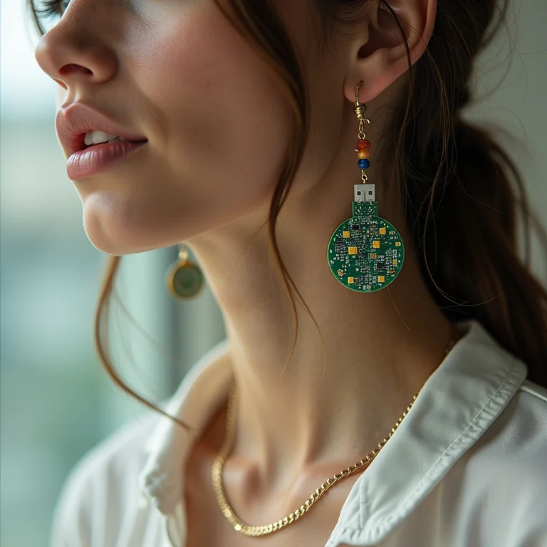 Jóias e acessórios pessoais feitos com peças de computador.