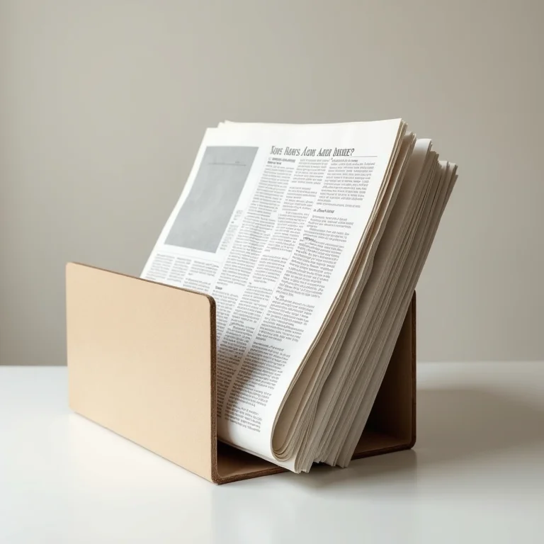 Jornais dobrados e organizados em um suporte minimalista