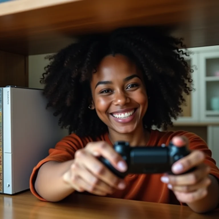 Jovem negra pega controle de videogame em estante organizada
