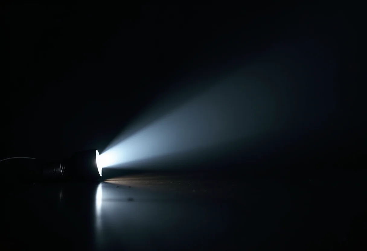 Lanterna de LED recarregável de alta potência iluminando a escuridão.