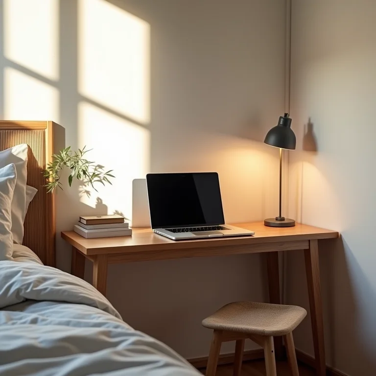 Laptop em pequena mesa no canto de um quarto