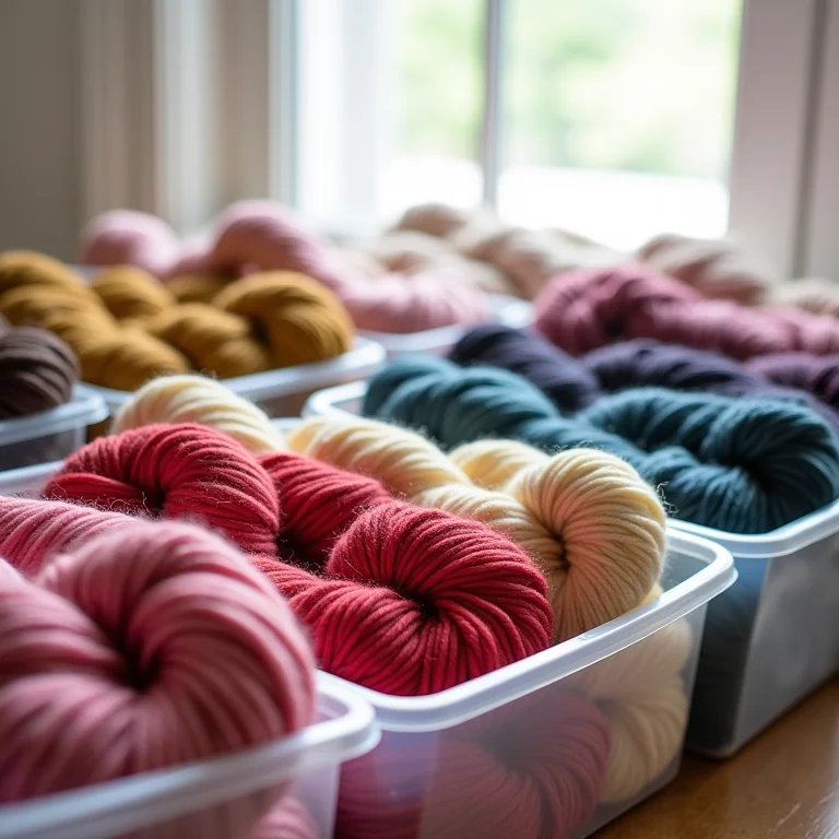 Lãs organizadas em caixas transparentes por cor