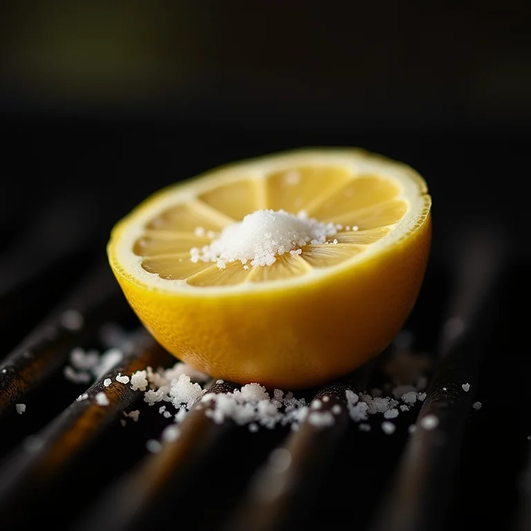 Limão e sal sendo usados para limpar grelha de churrasqueira