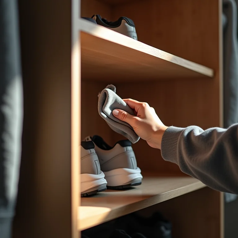 Limpeza de prateleiras do armário antes da organização