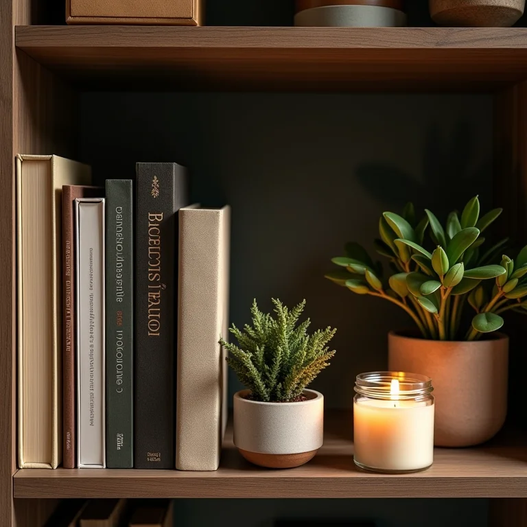 Livros combinados com plantas e velas na estante