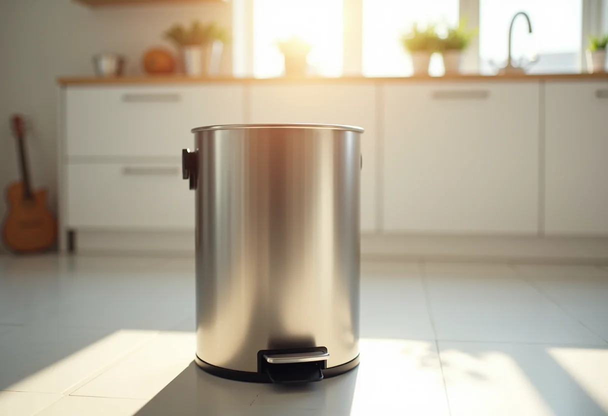 Lixeira de inox com pedal em cozinha minimalista