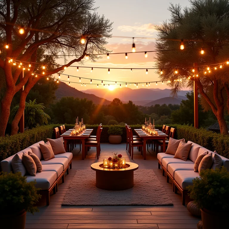 Local para festa ao ar livre lindamente decorado ao pôr do sol, com iluminação aconchegante e vegetação exuberante.