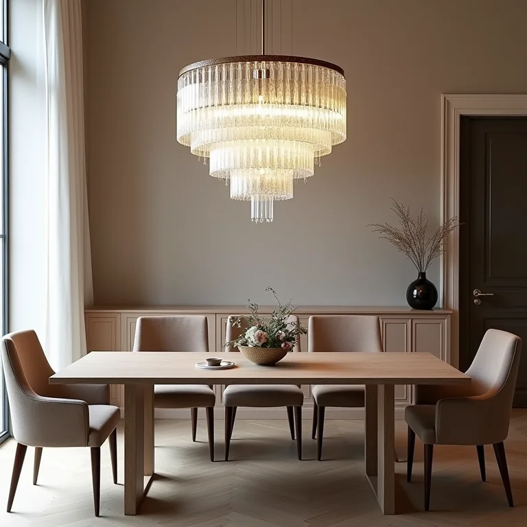 Lustre de cristal perfeitamente posicionado sobre mesa de jantar.