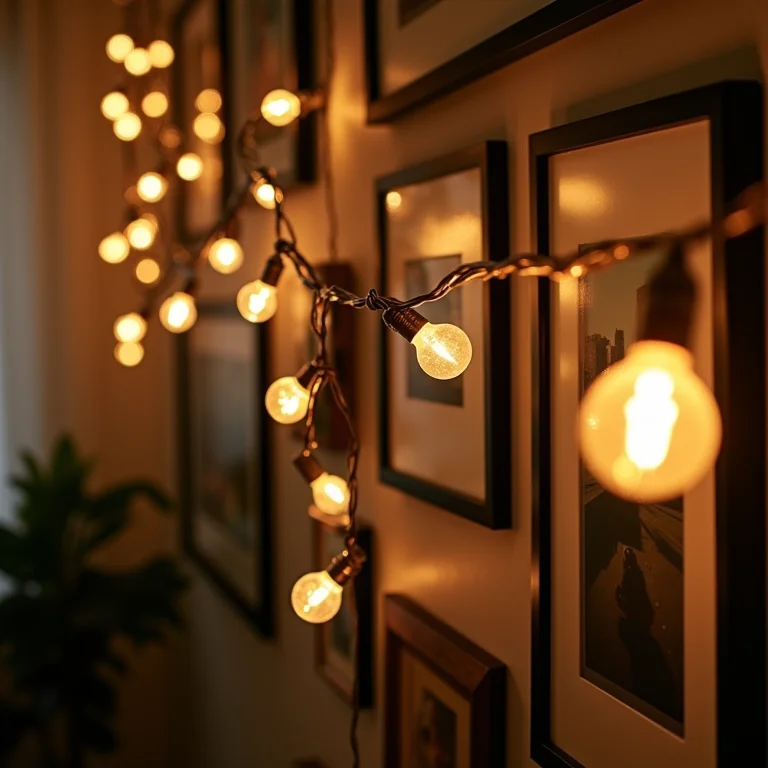Luzinhas decorando uma parede de quadros.
