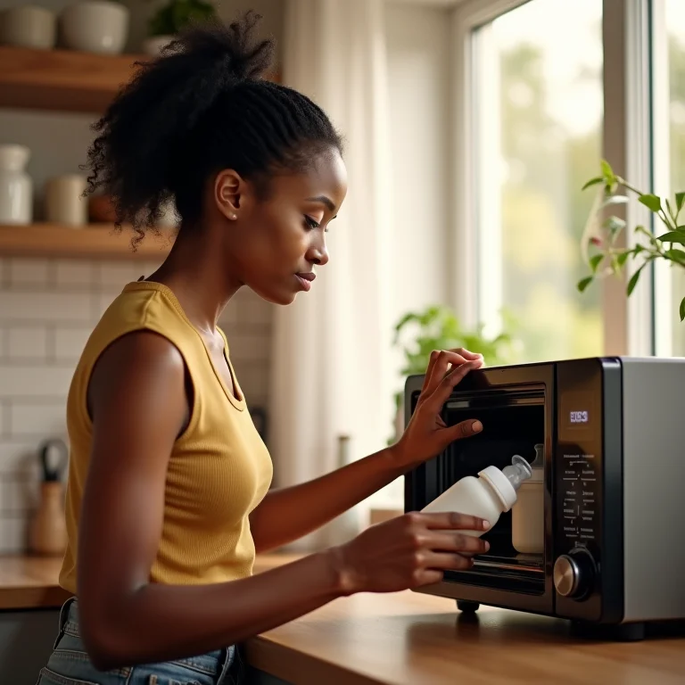 Mãe colocando mamadeiras em esterilizador de microondas