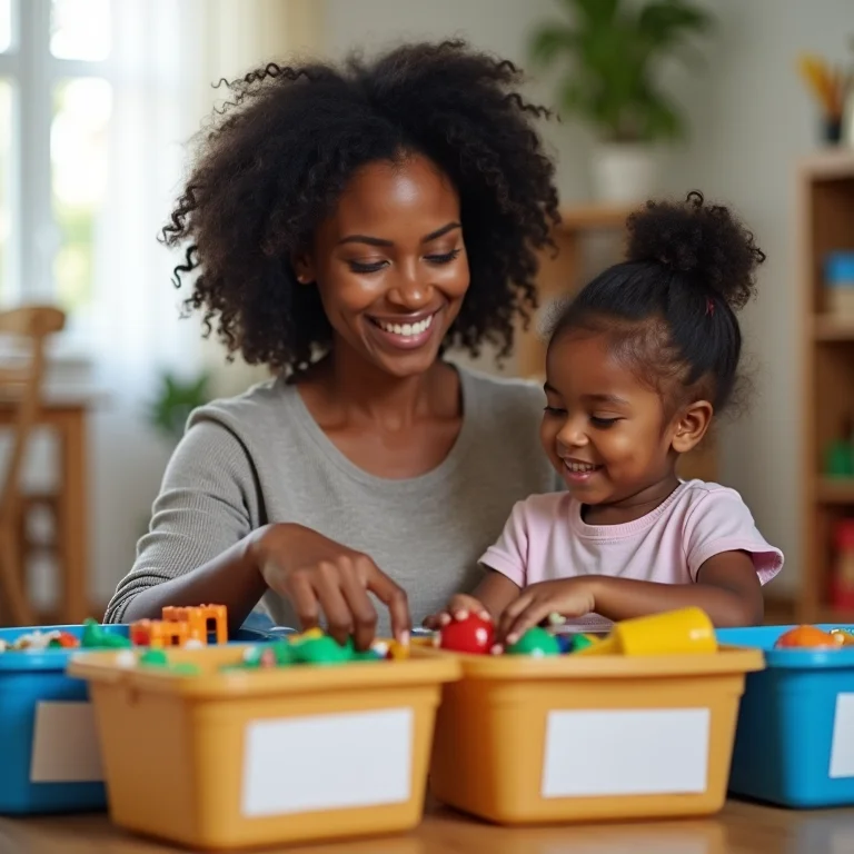 Mãe ensinando filho a organizar os brinquedos