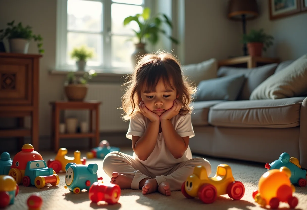 Mãe exausta em meio à bagunça de brinquedos