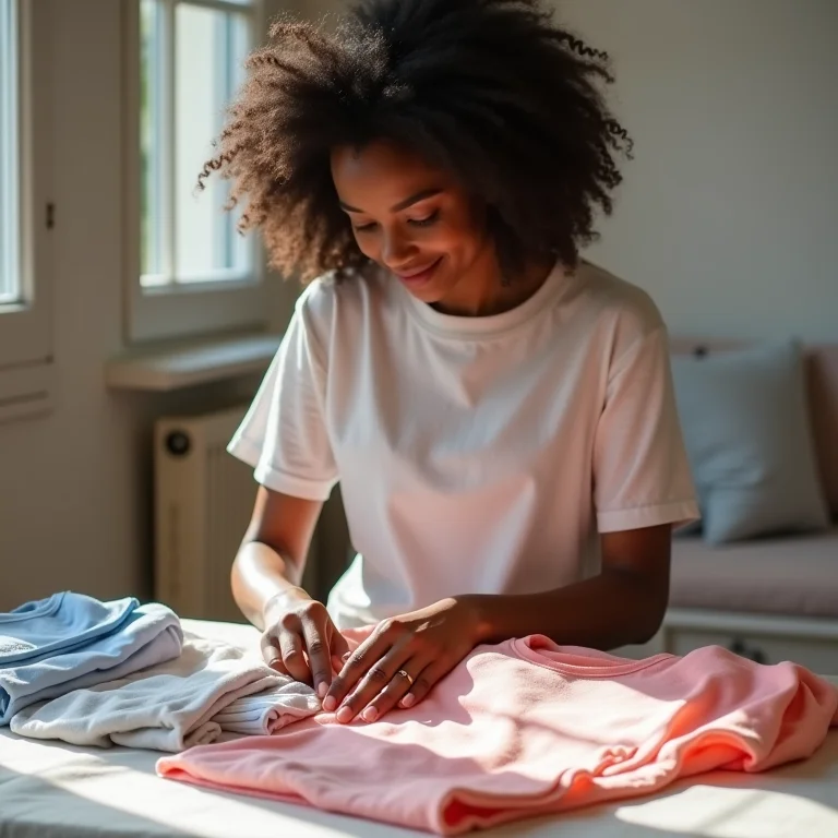 Mãe mostrando como dobrar roupas infantis para otimizar espaço