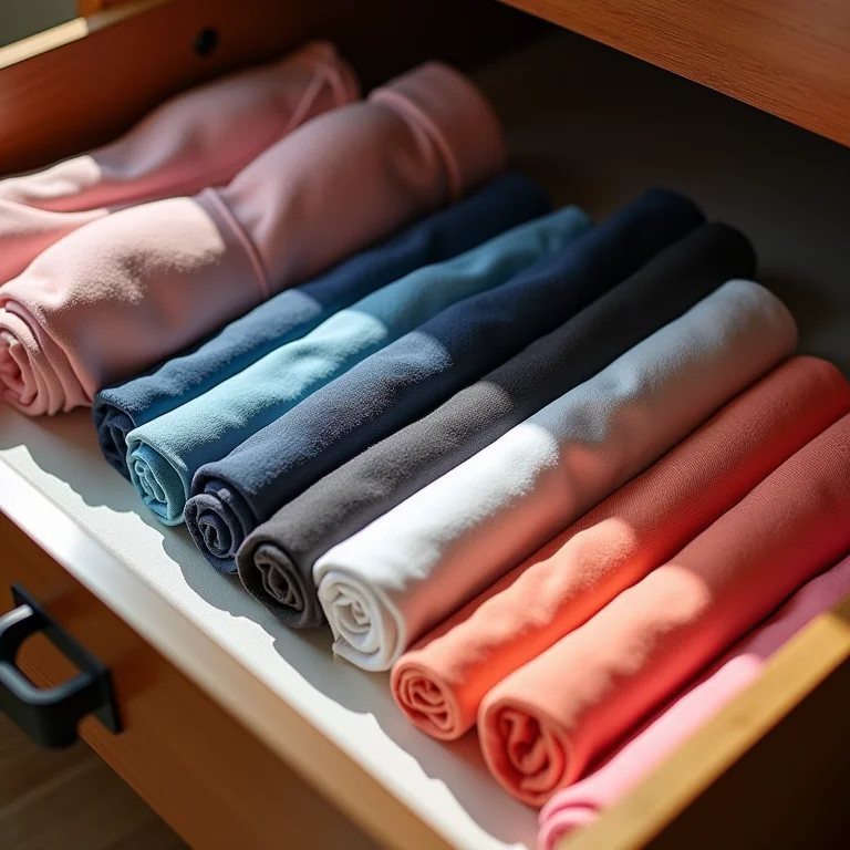 Maiôs enrolados e organizados em gaveta com divisórias.