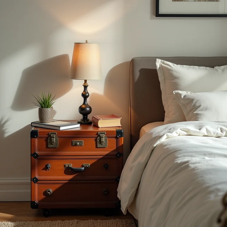 Mala antiga como mesa de cabeceira vintage