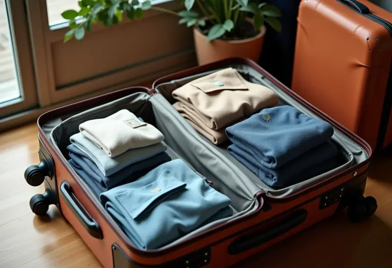 Mala de mão aberta com roupas dobradas e acessórios de viagem