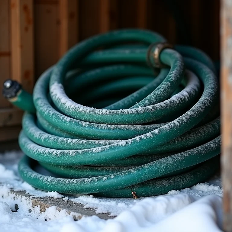 Mangueira de jardim armazenada e protegida durante o inverno.