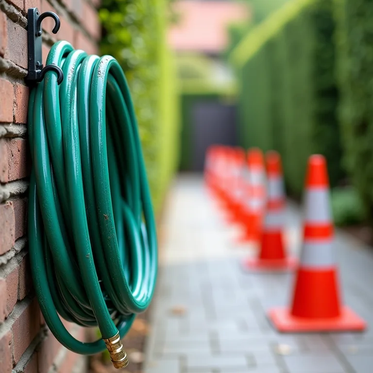 Mangueira de jardim enrolada e pendurada para evitar acidentes.