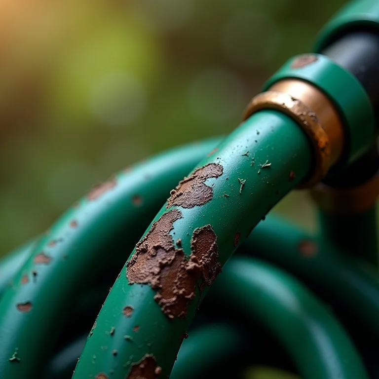Mangueira de jardim enrolada sendo inspecionada quanto a danos.