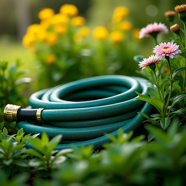Mangueira de jardim organizada em um jardim exuberante.