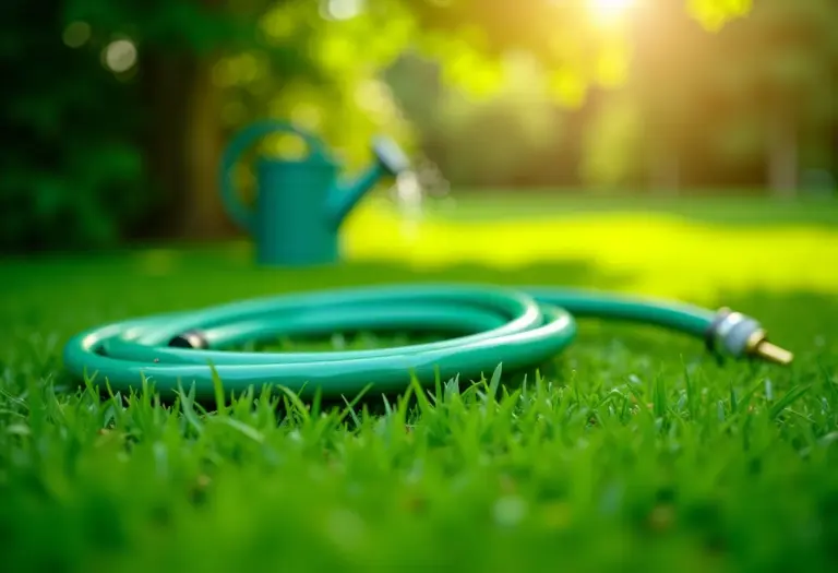 Mangueira de jardim verde enrolada sobre a grama, com regador ao lado.
