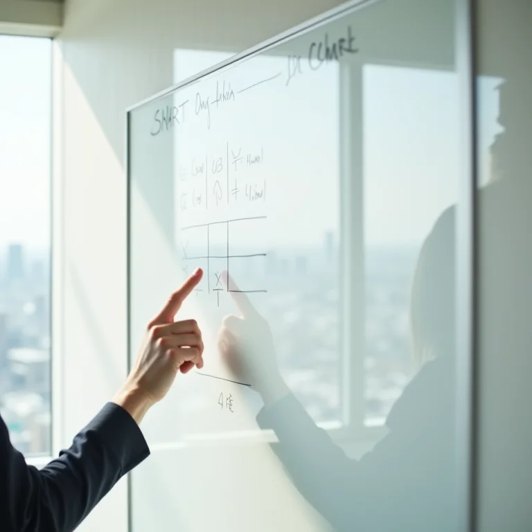 Mão apontando para gráfico de metas SMART em quadro branco