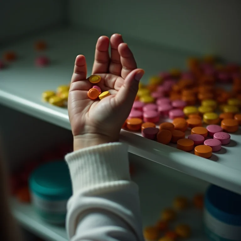 Mão de criança alcançando pílulas coloridas em uma prateleira