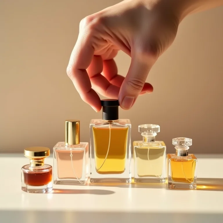 Mão escolhendo perfume em coleção organizada