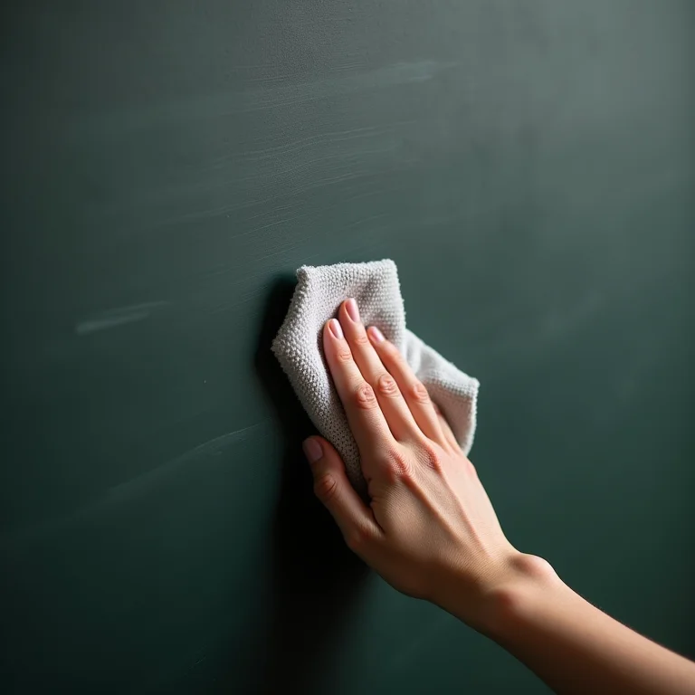 Mão limpando parede lousa com pano