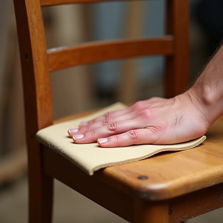 Mão lixando cadeira de madeira antiga