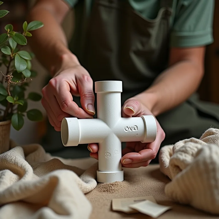 Mão montando estrutura de cano PVC com elementos sustentáveis ao redor