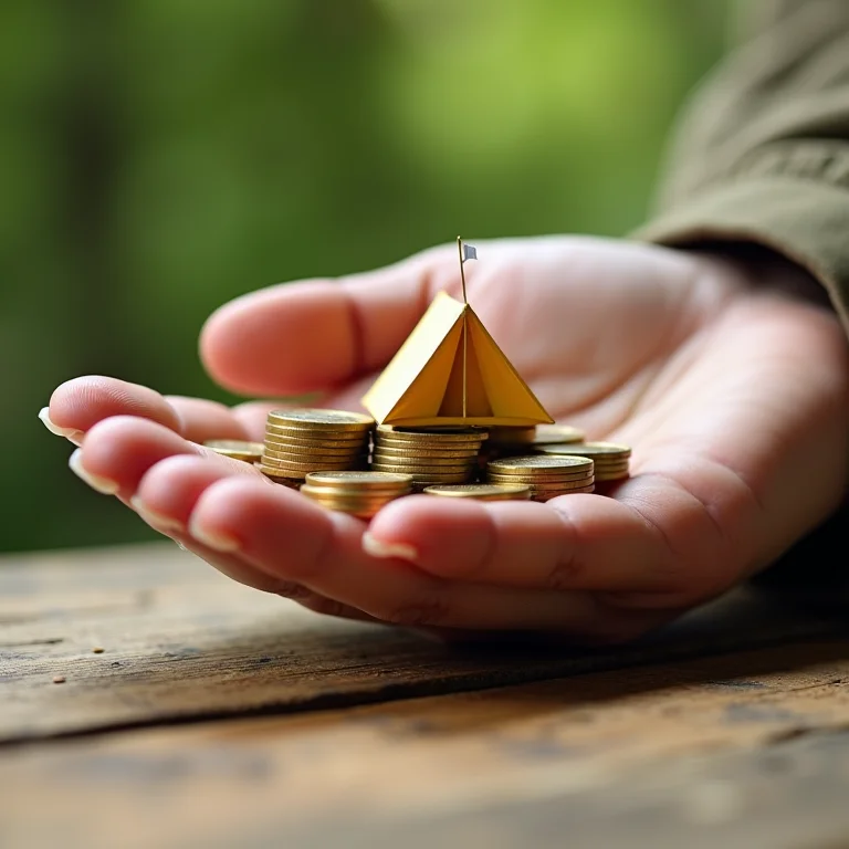 Mão segurando moedas e uma barraca de camping em miniatura, simbolizando investimento