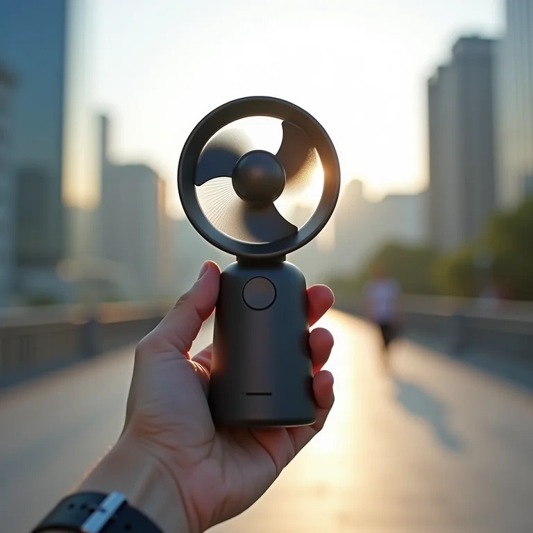Mão segurando ventilador portátil em fundo urbano.