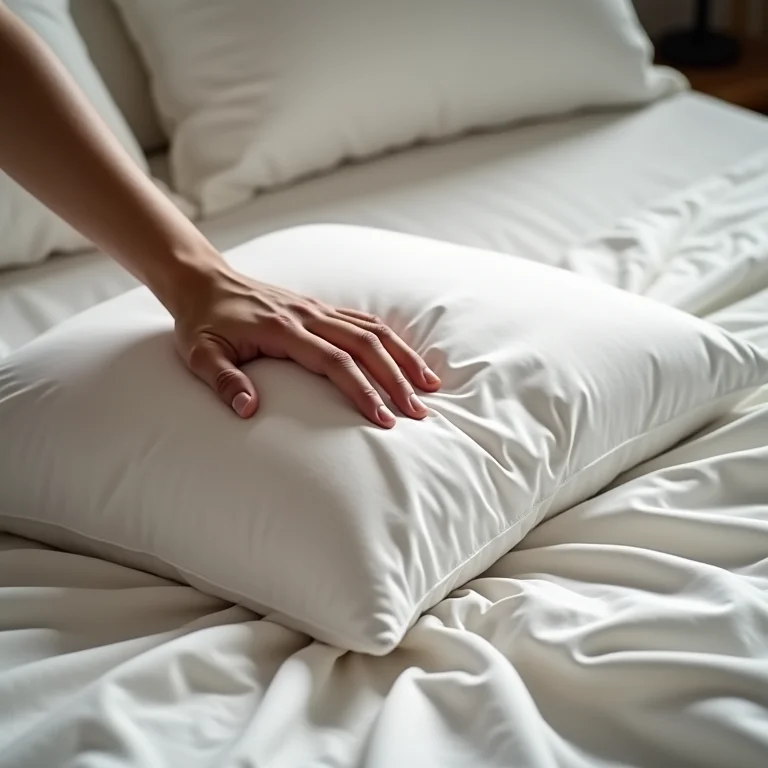 Mão tocando o revestimento macio de um travesseiro.