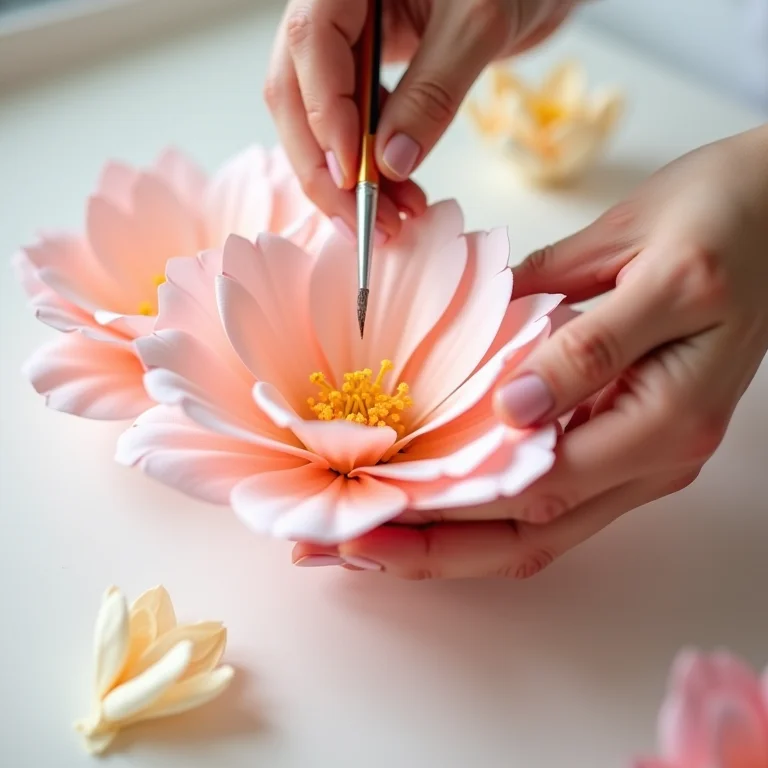 Mãos adicionando detalhes sutis a flores de papel, como sombreado e modelagem.