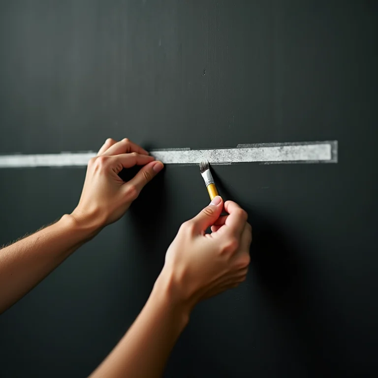 Mãos aplicando fita de pintor em parede lousa