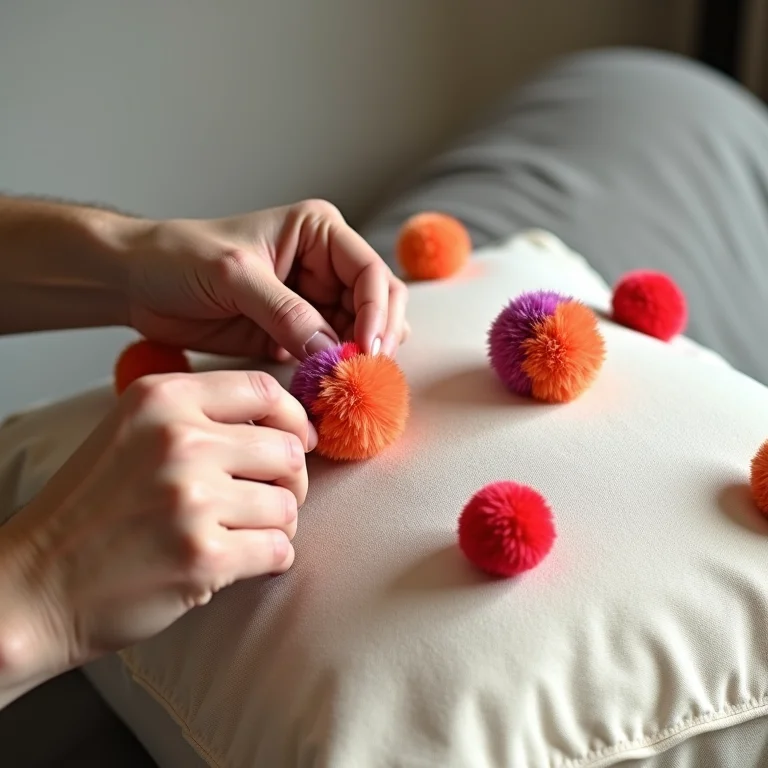 Mãos aplicando pompons em almofada