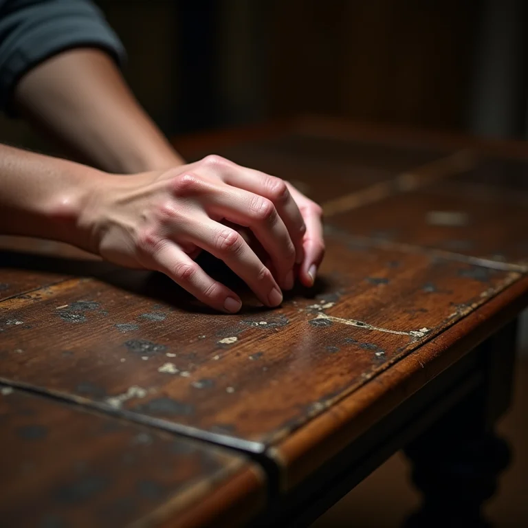Mãos avaliando mesa antiga para restauração