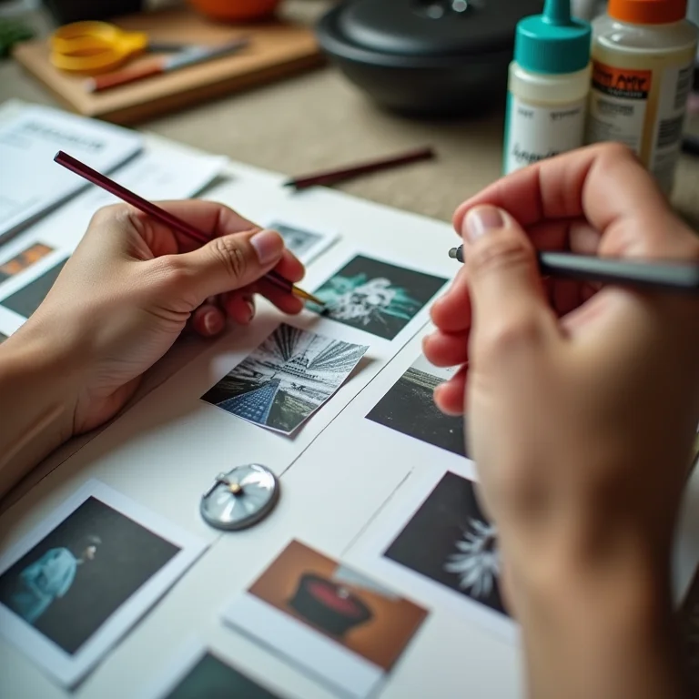 Mãos colando imagens em um mural de inspiração