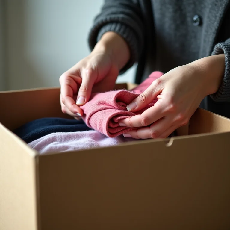 Mãos colocando roupa em caixa de doação