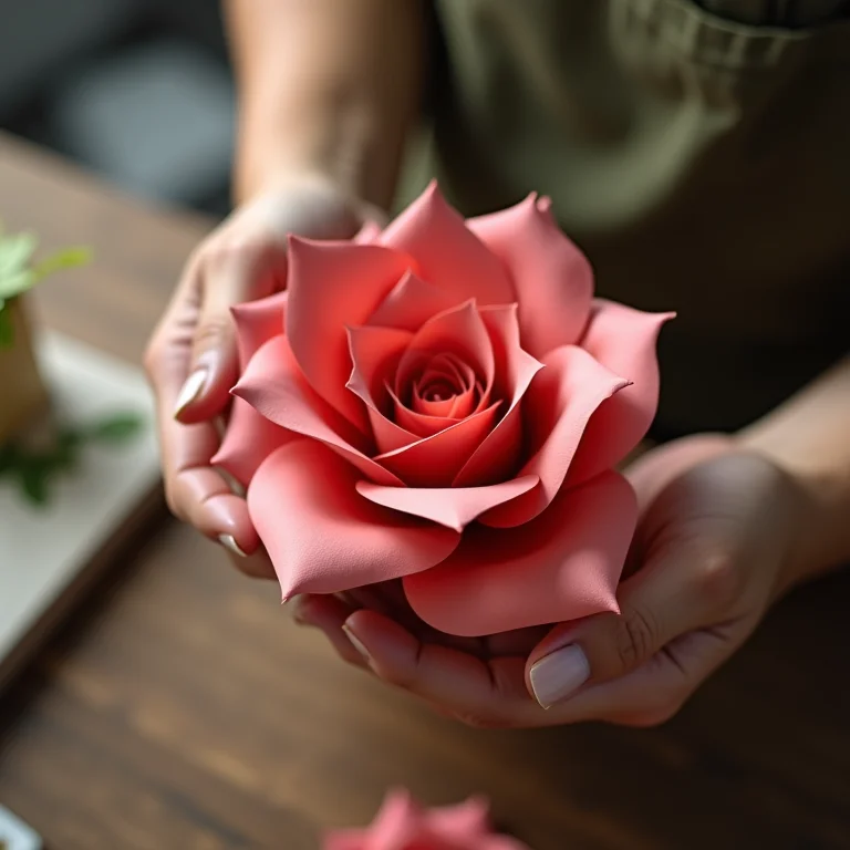 Mãos criando uma rosa de papel, moldando as pétalas delicadamente.