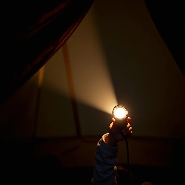 Mãos de criança segurando lanterna dentro de cabana escura.