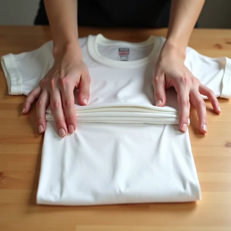 Mãos demonstrando a dobra vertical de Marie Kondo em uma camiseta