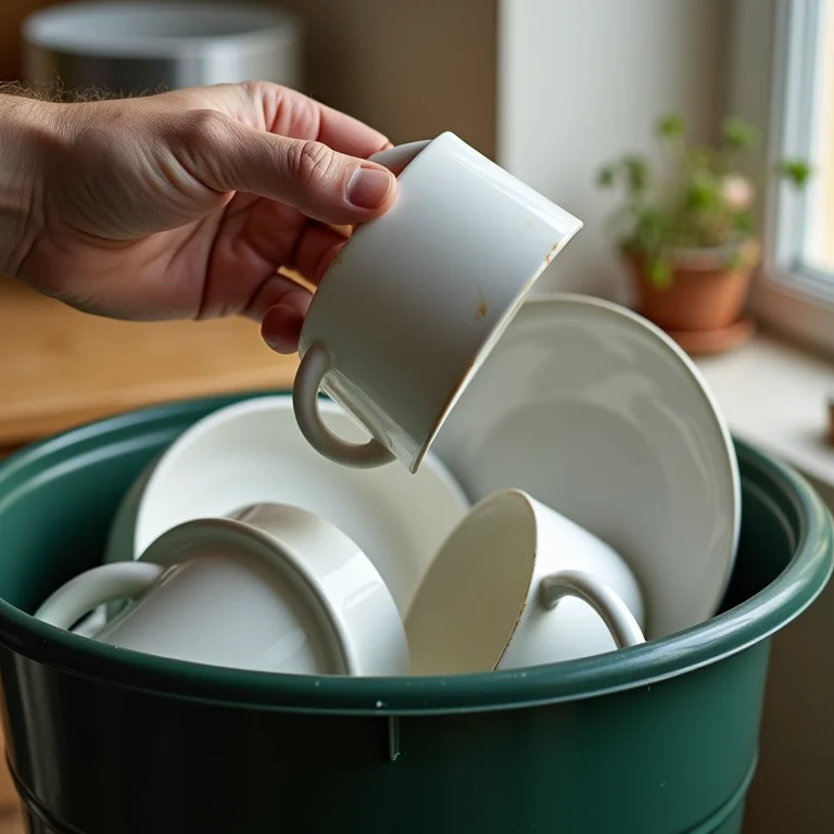 Mãos descartando louças danificadas em lixo reciclável